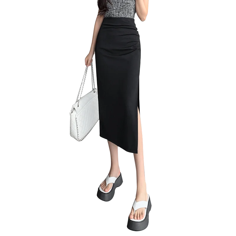 Seoulish 2025 Summer New Women's Skirts Vintage Solid Office Lady Style High Waist Wrapped Slim Pleated Suit Skirts for Women