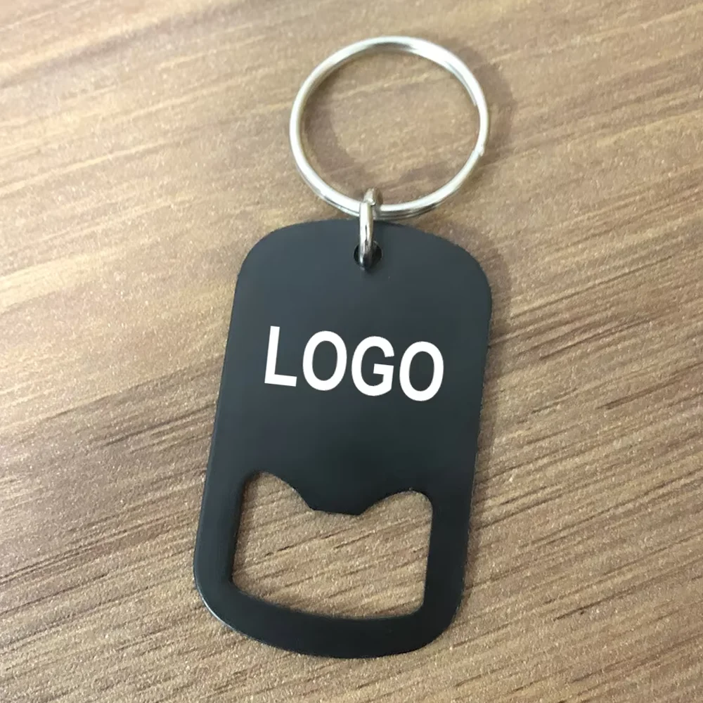 50pcs Customized Black Bottle Opener Key Chain Company Logo Fashion Stainless Steel Keyring Father's Gift Keychain