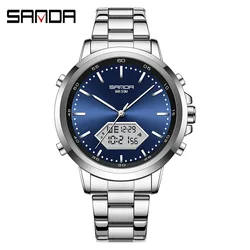 Fashion Sanda Top Brand Trendy Hot Sale New Model Led Digital Analog Display 50m Waterproof Shockproof Business Men Wrist Watch