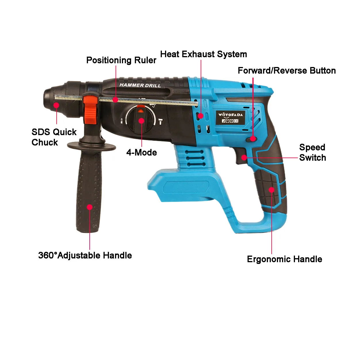 WOYOFADA Cordless Rotary Hammer Drill 18V SDS Plus Electric Hammer Drill 4 Modes Selector fit Makita 18v Battery(No Battery)