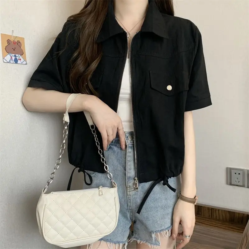 2024 Summer Cargo Style Women's Zipper Coats Korean Lady Fashion White Polo Collar Short Sleeve Jackets Casual Joker Tops Female