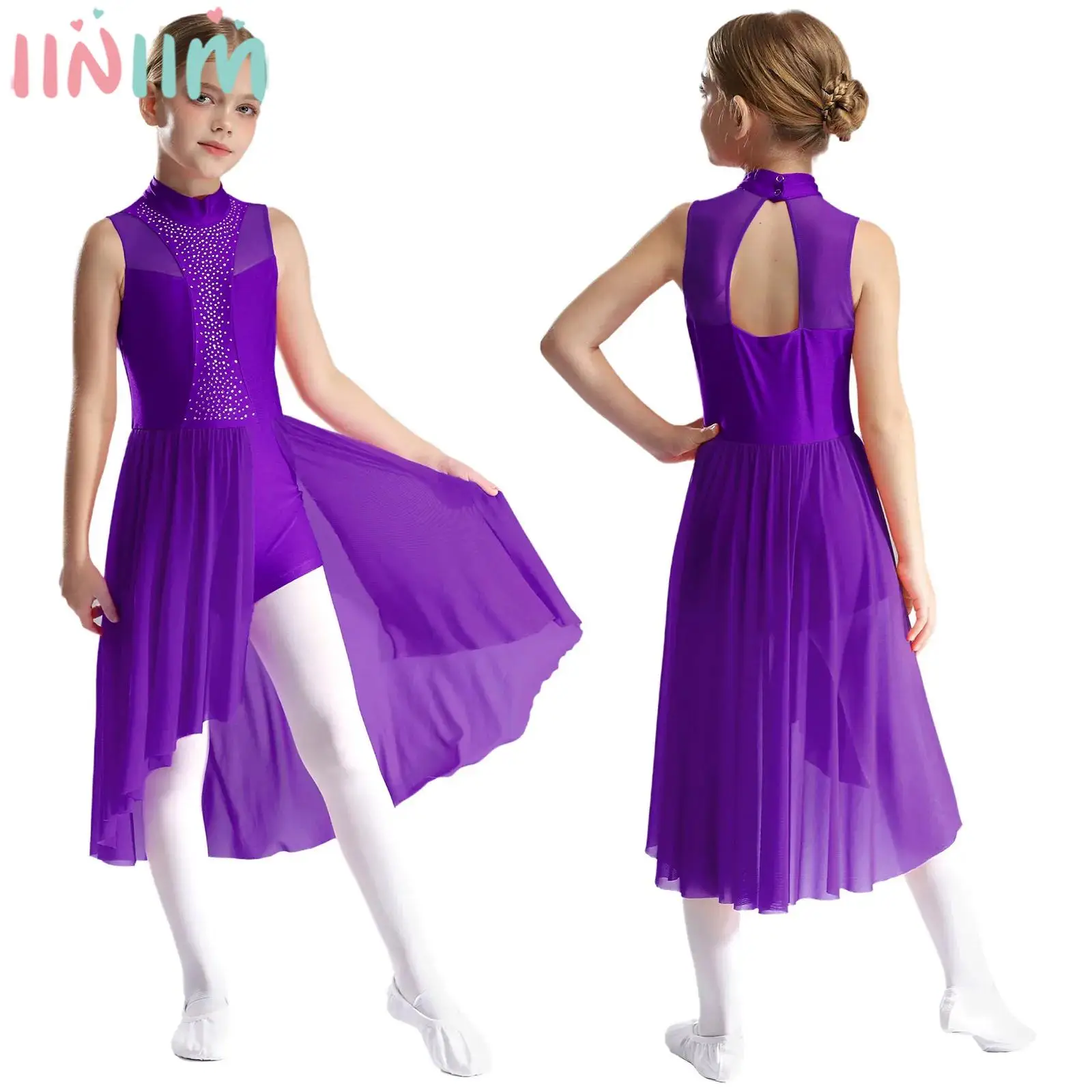 6-16Y gaun Leotard tari Modern Lyrical anak perempuan gaun tanpa lengan berlian imitasi berkilau figur tari senam kostum balet