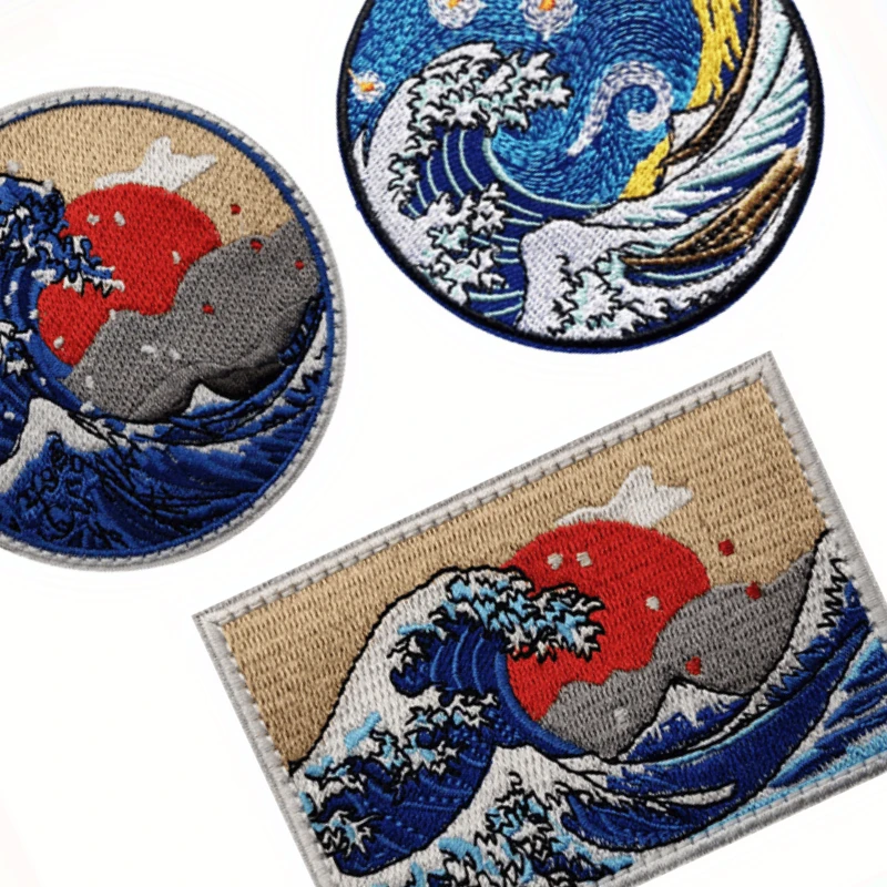 Vintage Ukiyo-e Embroidered,  Wave Morale Velcros Patch Hook &Loop- Japanese Hokusai Kanagawa for Molle Tactical Gear & Clothing