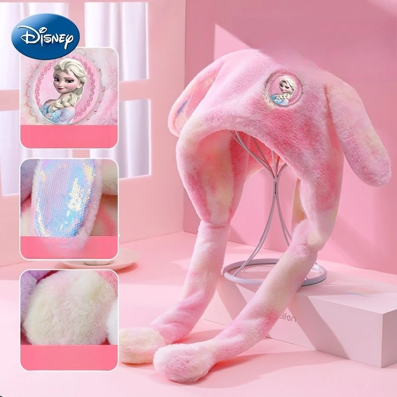 قبعة Miniso Disney للأطفال لطيفة للشتاء للفتيات الصغيرات آذان أرنب عائشة يمكن أن تلمس وشاح القبعة