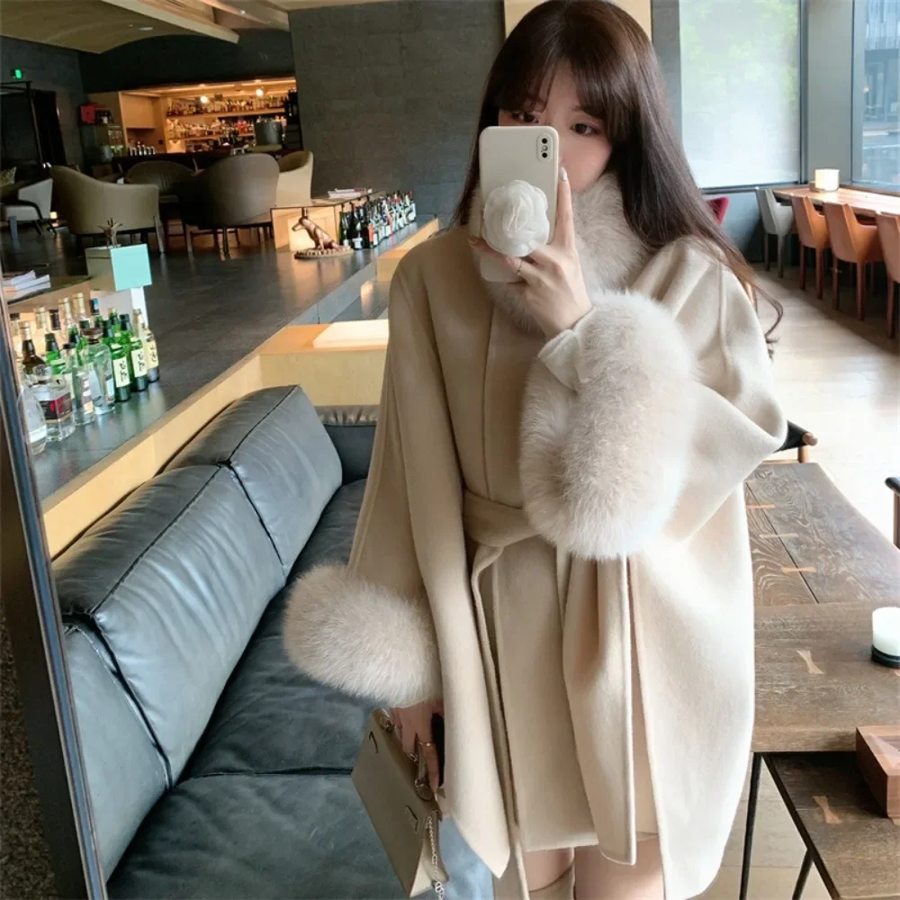Autumn Winter New Elegant Fashion Tops Overcoats Double-sided Soft Wool Cloak Real Fox Fur Collar Fur Cuffs Woolen Coats Women