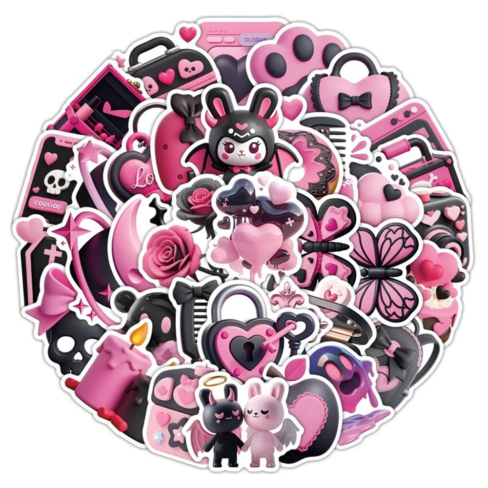 Autocollants 3D de style Ins noir et rose pour filles, décalcomanies de dessin animé Kawaii, autocollant de décoration pour ordinateur portable, bricolage, vente en gros, 10 pièces, 30 pièces, 50 pièces