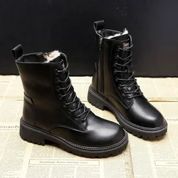 Waterproof Winter Snow Boots Women 2023 Plus Velvet Thick Cotton Women Shoes Black Leather Warm Platform Women's Ankle Boots