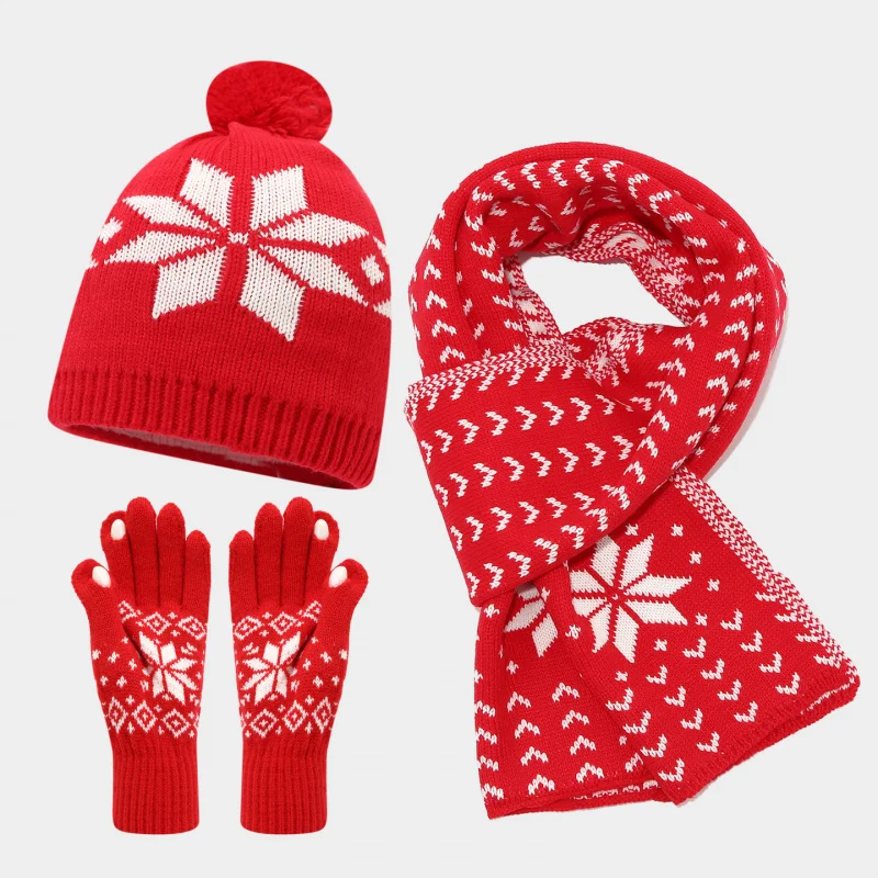 Christmas Style Snowflake Pattern Knitted Hat Scarf Gloves Three-Piece Set for Women Christmas Decoration Warm Sets