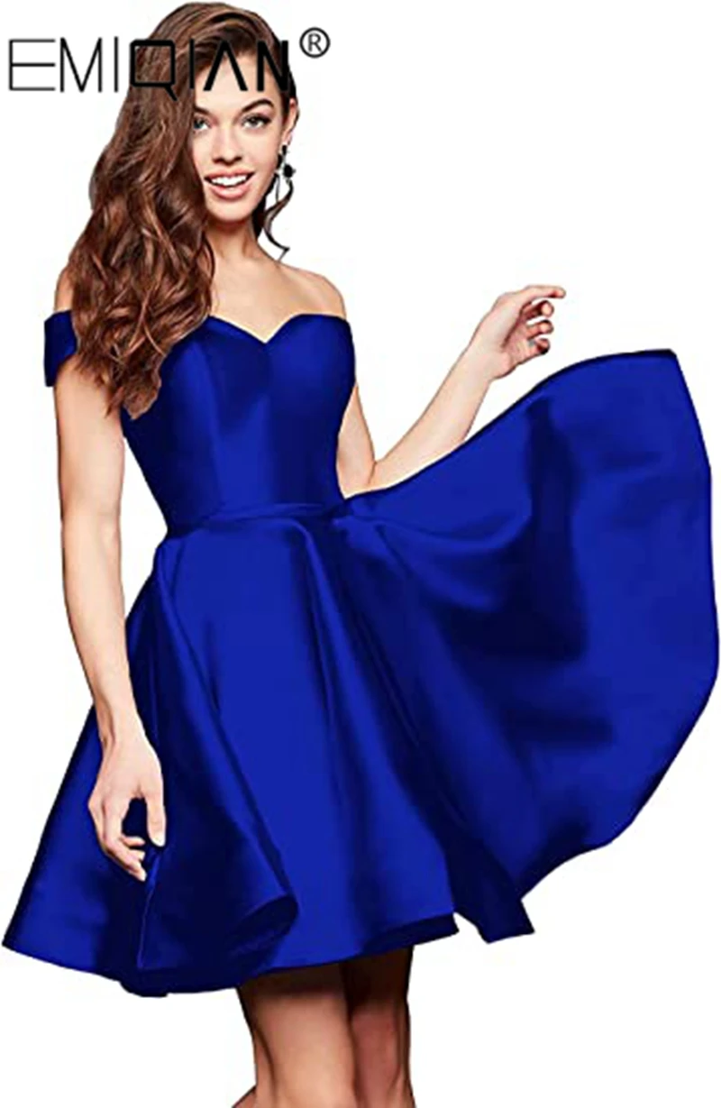 Women\'s Short Homecoming Dresses for Teens with Pockets Off Shoulder Satin Cocktail Party Gowns