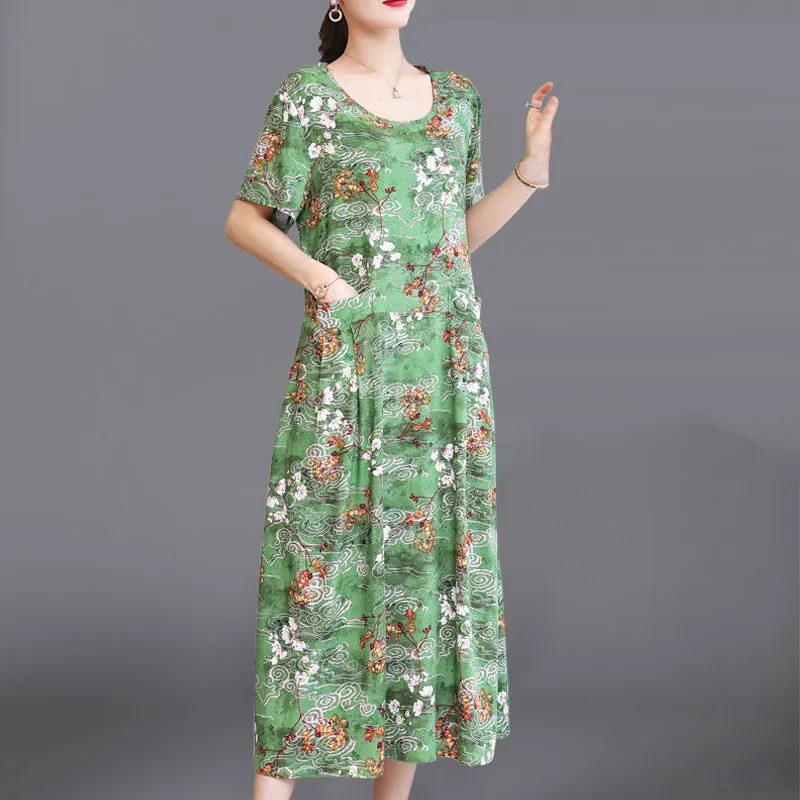 

Stylish Broken Flowers Midi Dress Female Clothing Short Sleeve Casual Pockets Patchwork Summer Folk A-Line Round Neck Dresses