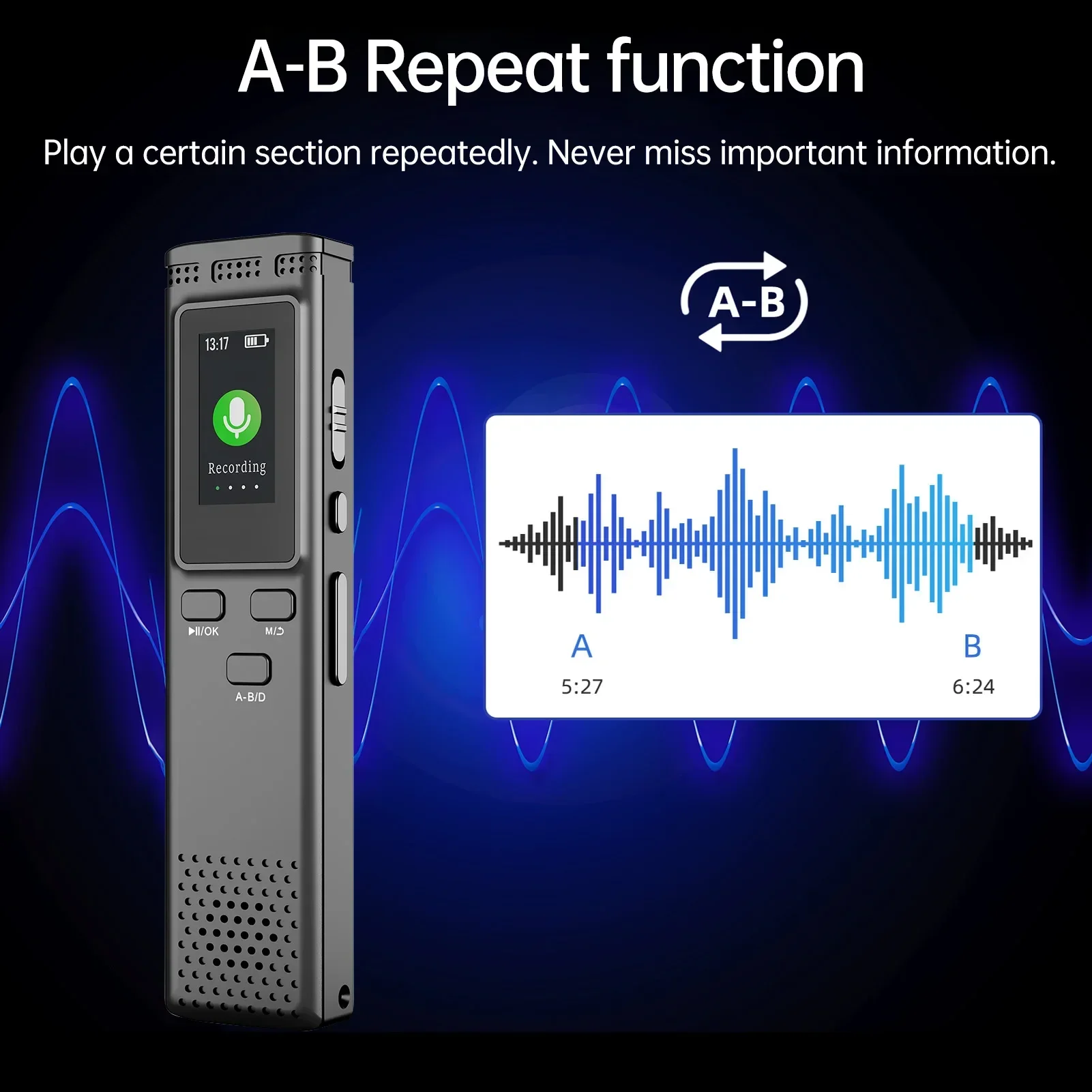 64GB/16GB Digital Voice Recorder Voice Activated Audio Recording Noise Reduction with Playback MP3 Music Player 288hrs