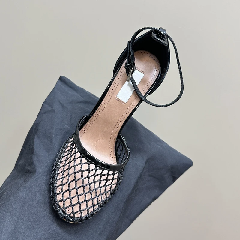 Runway Show Women Sandals Mesh Hollow Out Ankle Strap High Heels Close Round Toe Stilettos Sexy Ladies Dress Party Summer Shoes