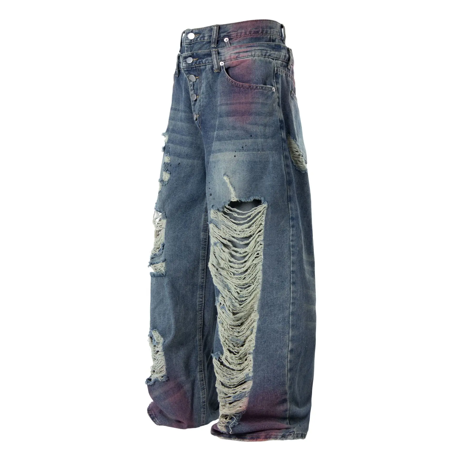 Men's High Street Destroyed Hip Hop Jeans Pants Loose Fit Vibe Style Ripped Denim Trousers Wased Retro Jeans Double Waist
