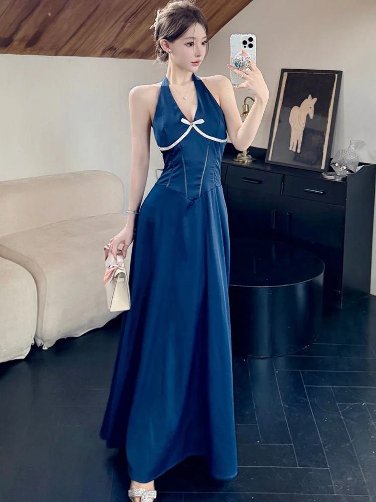 Abito lungo sexy estivo in raso blu chic con fiocco al collo 2025 Abito coreano vintage di lusso da donna Elegante abito internazionale chic