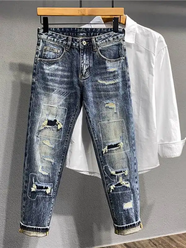 

Waed Blue Jeans Men's Slim Fit High Street Sle Nine-Piece Straight Leg Torn Patches Long Pants Casual Wear for Youth