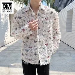 Butterfly Splice Tassels Shirts Men Loose Casual Long Sleeve Nightclub Party Dress Shirts Blouse Performance Clothes Costume