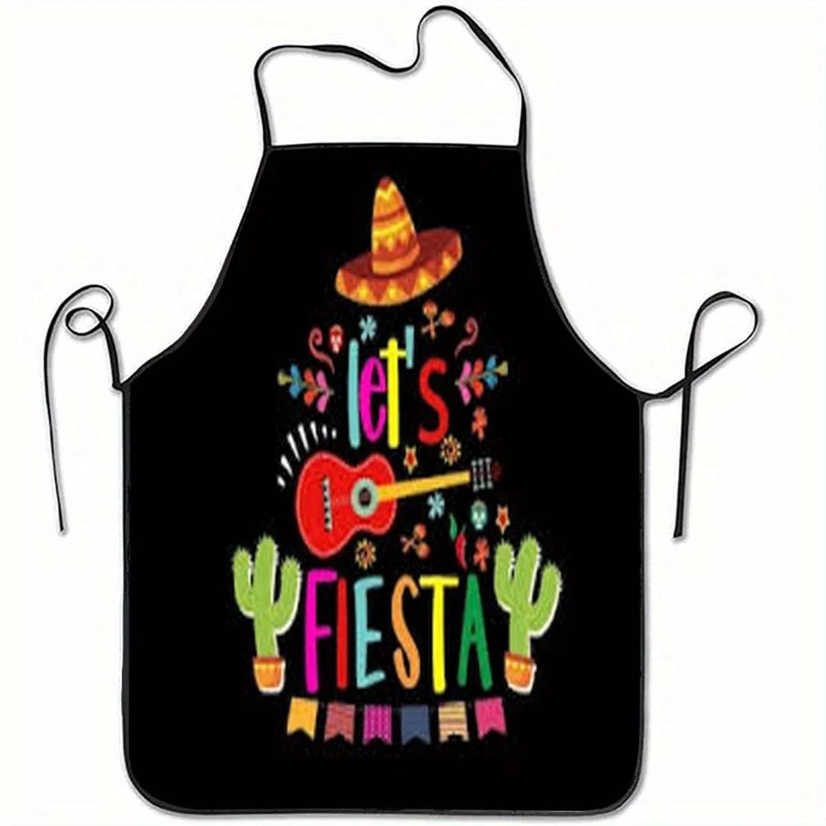 1pc 2D Flat Printing Let'S Fiesta Guitar Cactus Print Sleeveless Apron | Vibrant Mexican Fiesta Design with Sombrero