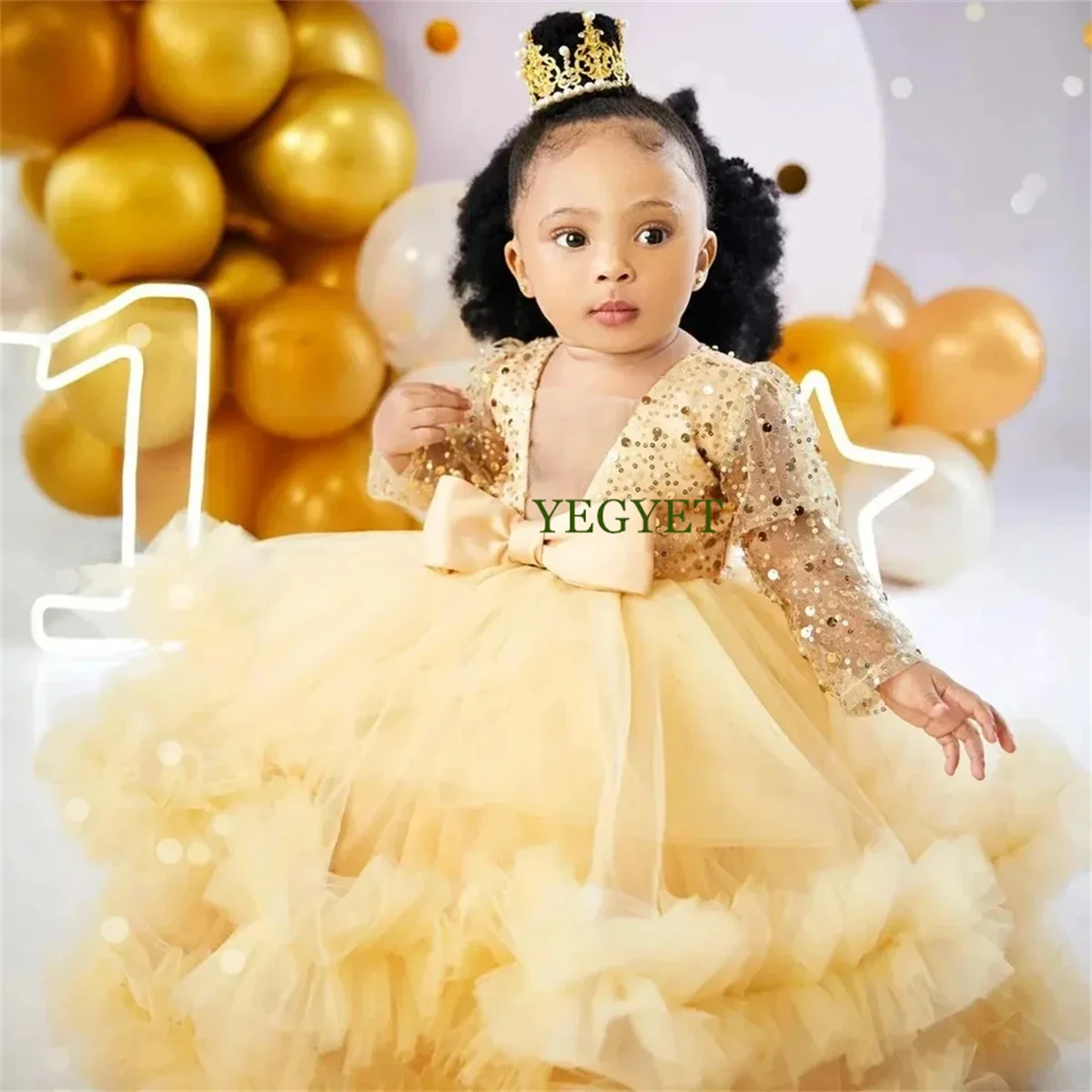 Lovely Sparkling Flower Girl Dress Champagne Long Sleeves Sequined Lace Tiered Tulle Ball Gowns Kids Birthday Party Dresses