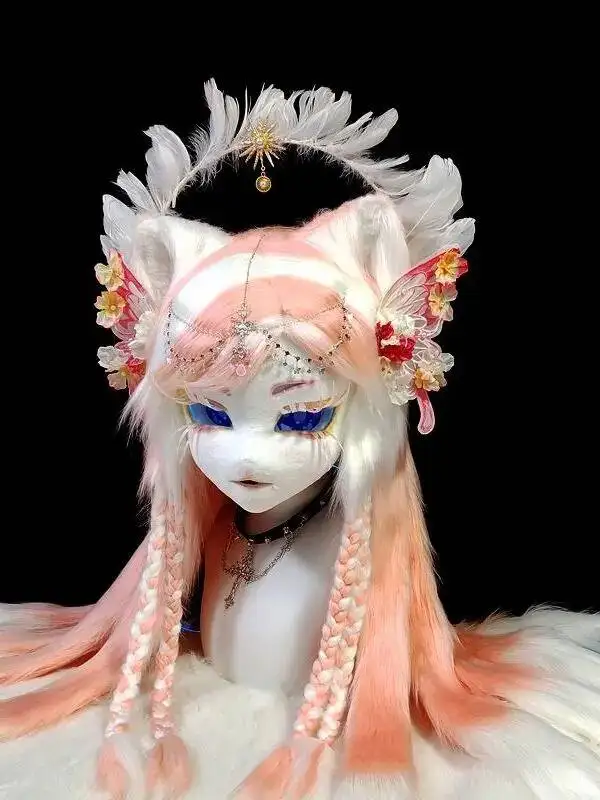 Handmade Kig Fursuit Head, Cute Cat Kemono Mask, Anime Cosplay Full Head, Purple Hair Lolita Furry Costume for Furry Fans - view 3
