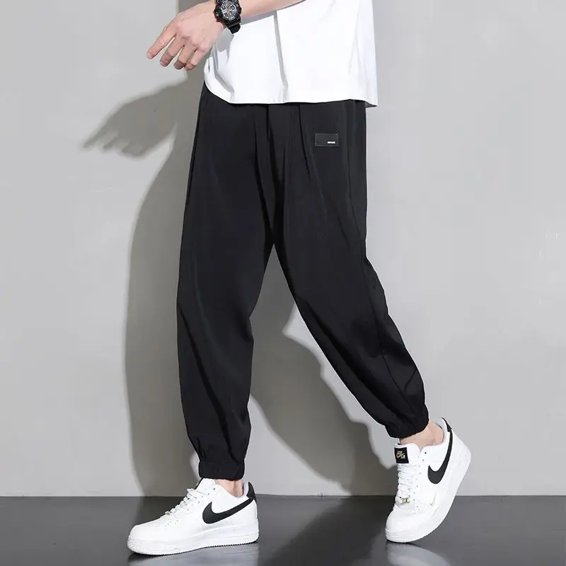 Thin Ice Silk Pants for Men Summer Trendy Brand Loose Tying Feet Versatile Casual Nine-point Pants