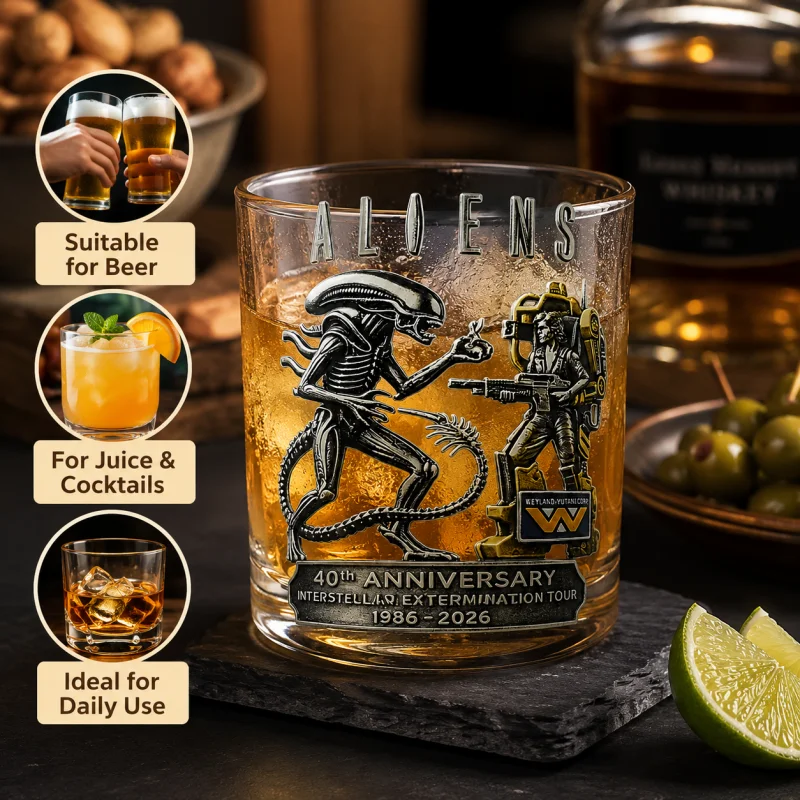 Aliens 40th Anniversary Whiskey Glass Classic Sci-Fi Movie Xenomorph Ripley Power Loader Pattern Clear Tumbler Cup Home Bar