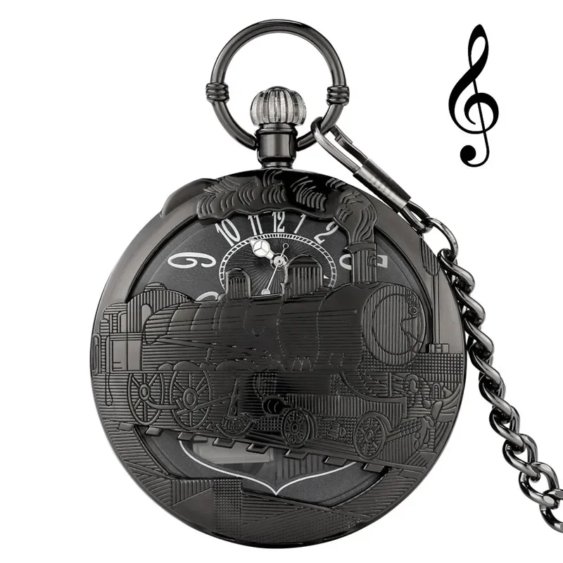

Unique Hollow Locomotive Train Case Playing Music City Sky Song Men Women Quartz Analog Pocket Watch FOB Pendant Chain Clock