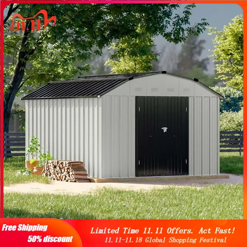 10 X 12 FT Barn Style Metal Storage Shed for Outdoor, Steel Yard Shed with Design of Lockable Doors, Utility and Tool Storage