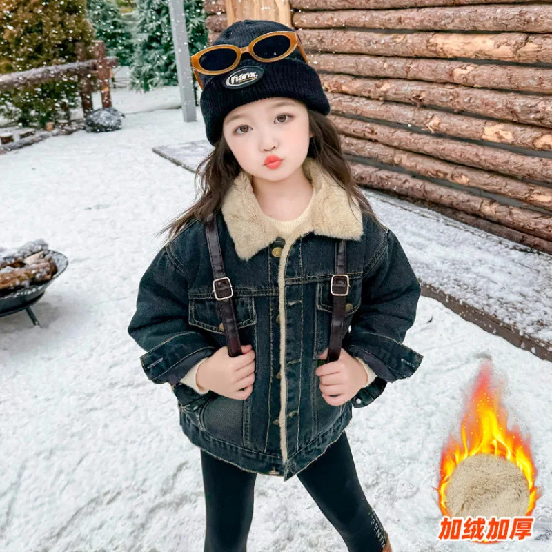 

Girls' Autumn Winter Warmth Coat Denim Jacket Thicken Tops Lapel Overcoat Comfortable New Fashion 7 To 12 Years Children Clothes