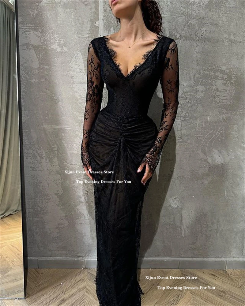 Xijun Sexy Black Lace Evening Dresses Long Sleeves V-Neck Prom Dresses Mermaid Saudi Arabric Formal Prom Gowns 2025 Customized