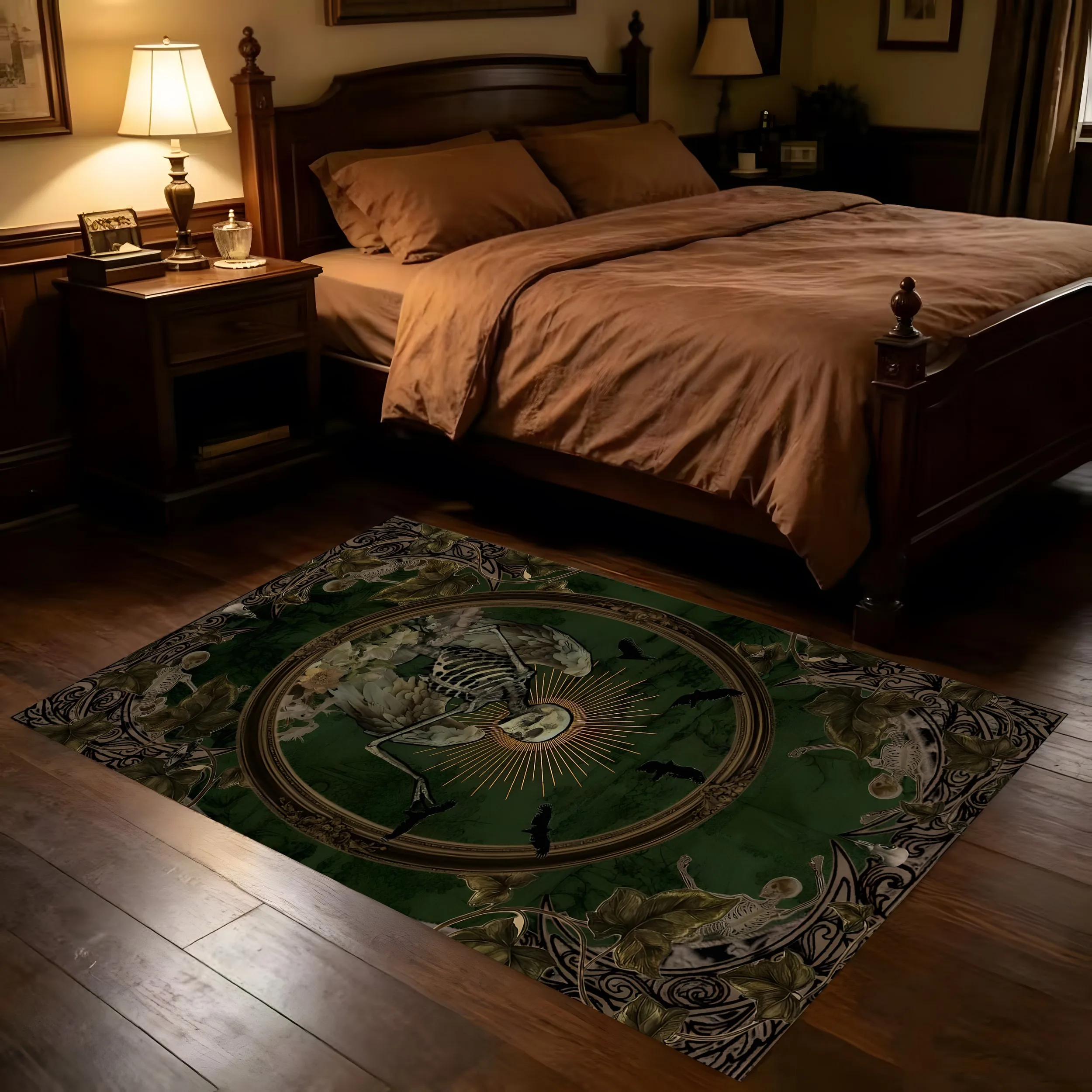 Scrollwork Skull Angel Skeleton Print Gothic Halloween Velvet Rug for Living Room Bedroom Spooky Retro Decor