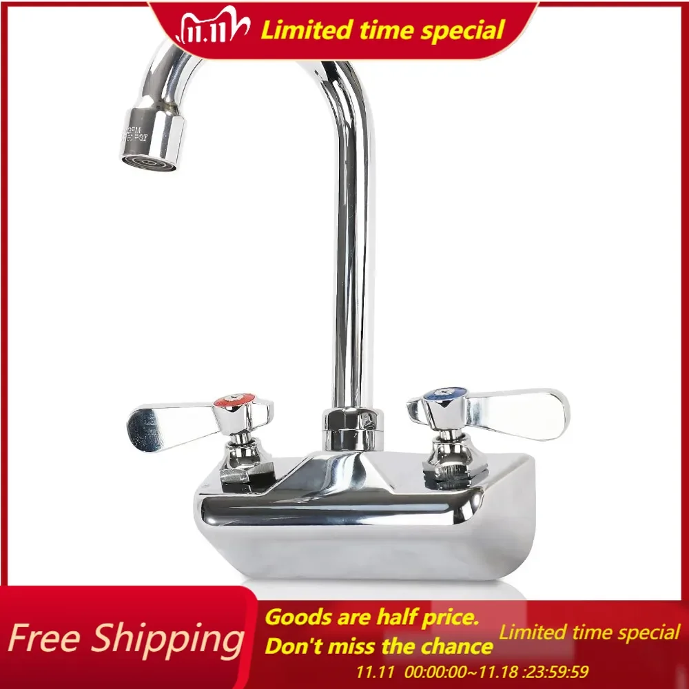 

4 Inch Center Commercial Sink Faucet Wall Mount Kitchen Hand Sink Faucet, Brass Constructed & Chrome Polish