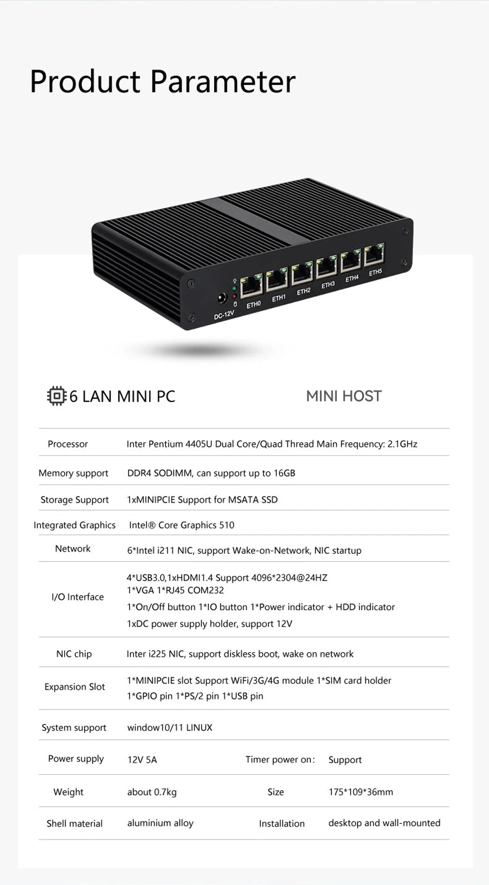 جهاز توجيه جدار الحماية للكمبيوتر الشخصي الصغير Intel Pentium 4405U 6x Gigabit Ethernet RJ45 وحدة تحكم متوافقة مع Pfsense Opnsense Windows Linux