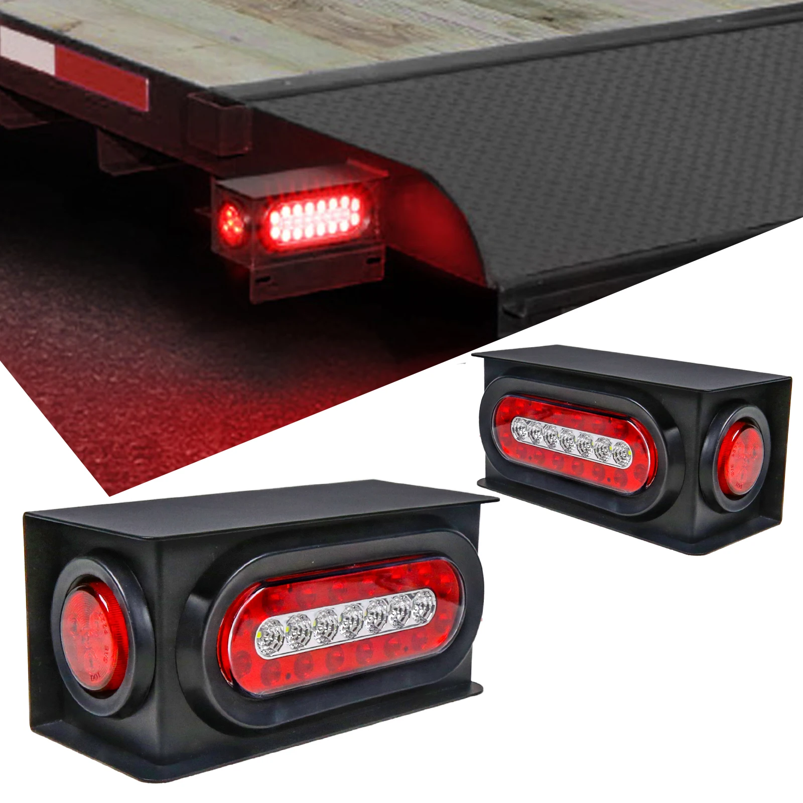 Trailer Light Boxes Housing Kit, Waterproof Trailer Tail Lights with 2 Inch Round Red Side Marker Lights and 6 Inch Oval Red LED