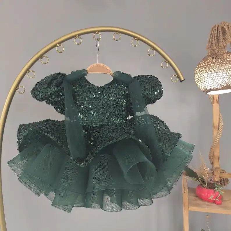 Handmade Emerald Green Sequin Tulle Dress: Baby Girl Party Outfit
