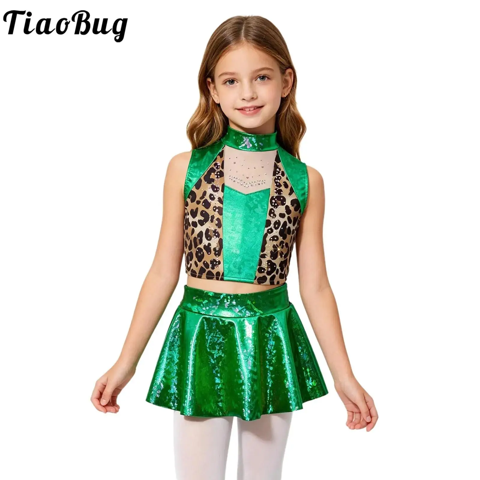 Kids Girls Metallic Jazz Dance Outfit Rhinestones Sleeveless Crop Top with Skirt Leotard for Gymnastics Skating Cheerleading