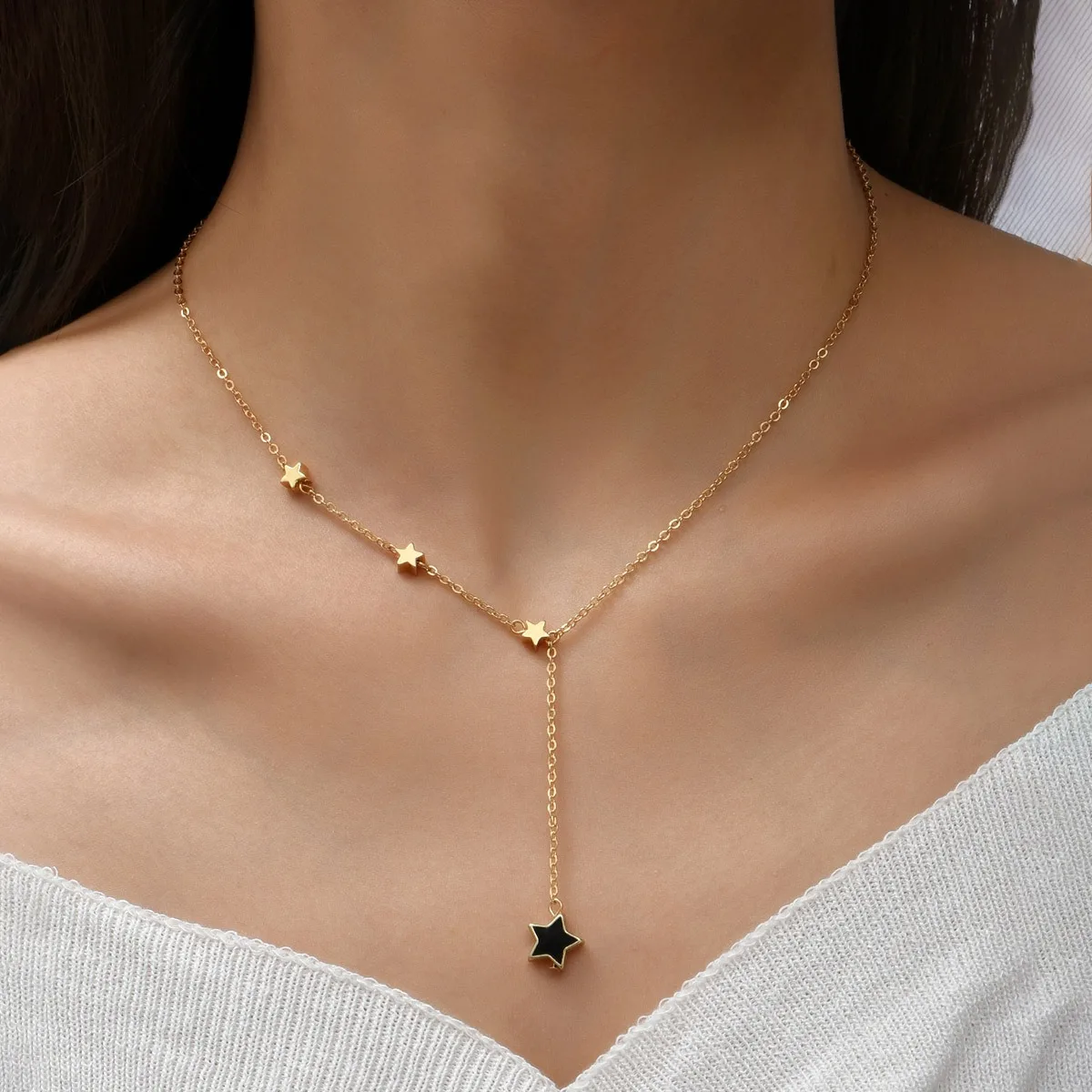 Vintage Gold Farbe Lange Kette Tropfen Halsketten für Frauen Einfache Metall Geometrische Perle Quaste Halsband Mädchen Party Pentagramm Schmuck