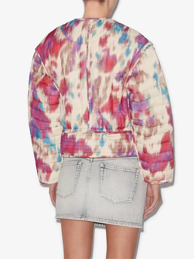 Vintage Tie-dyed Print Patchwork Cotton Jacket Women Fashion O-neck Long Sleeves Short Coat 2024 New Female High Streetwear