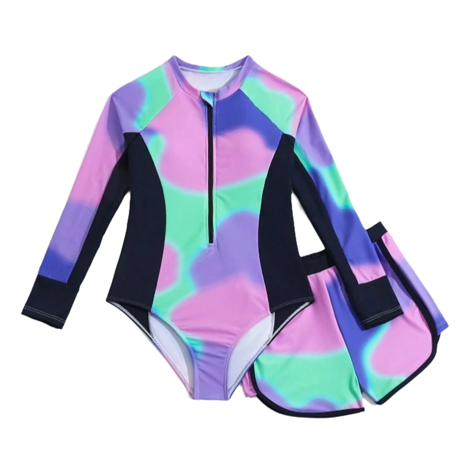 Kids Girls Two Pieces Rash Guard Swimsuit Swimwear Zip Front Long Sleeve Swim Jumpsuit with Shorts Set Summer Beach Bathing Suit