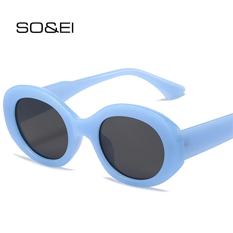 SO&EI Retro Oval Women Jelly Blue Sunglasses Fashion Shades UV400 Punk Men Trending Round Sun Glasses