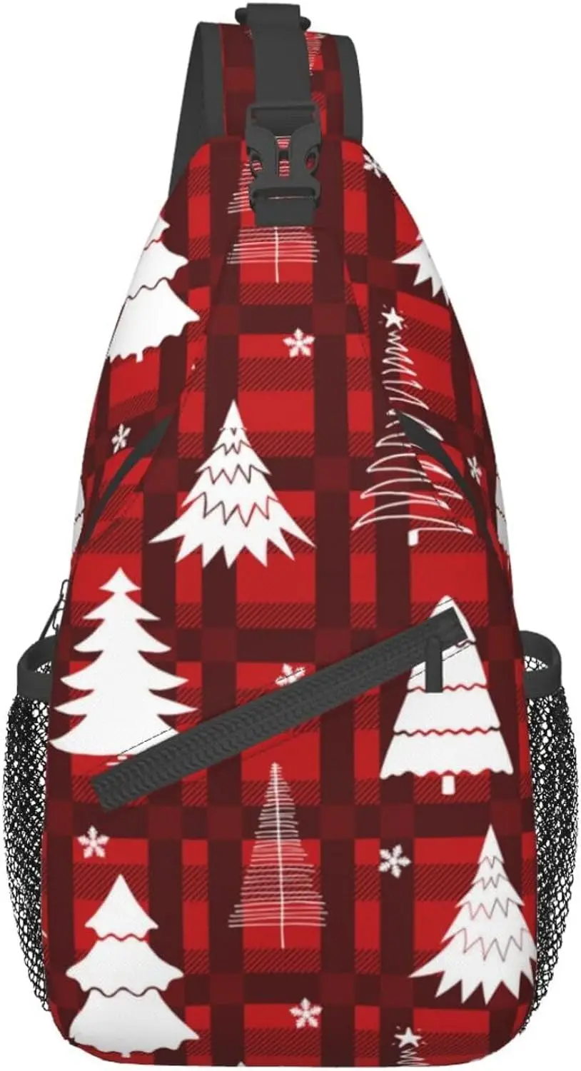 Red Christmas Tree Plaid Crossbody Sling Mochila, Xmas Snowaflake Peito Bag, mochila para caminhadas, viajando, ao ar livre