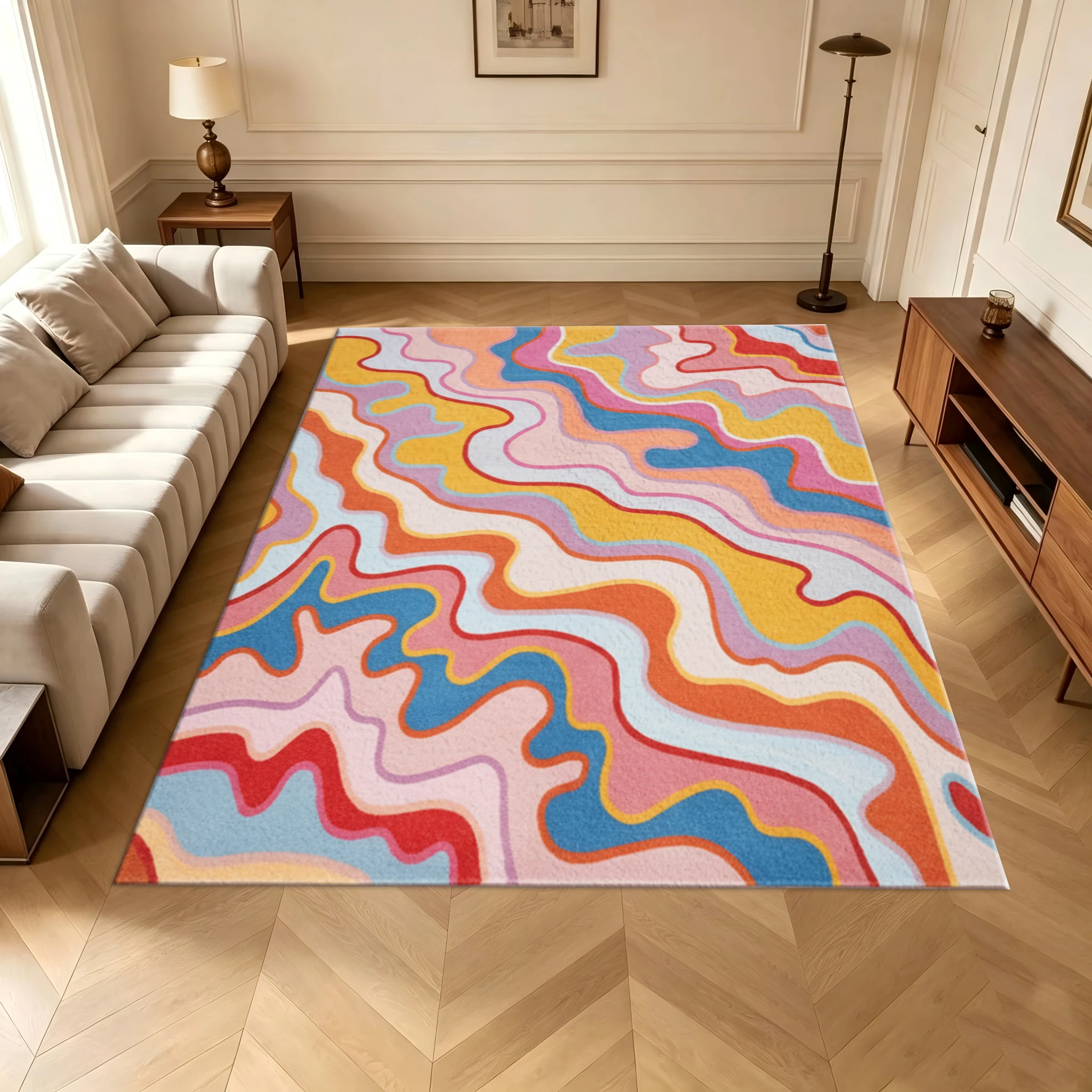 Colorful Wave Vortex Abstract Print Carpet Retro Wave-Shaped Floor Mat Home Carpet