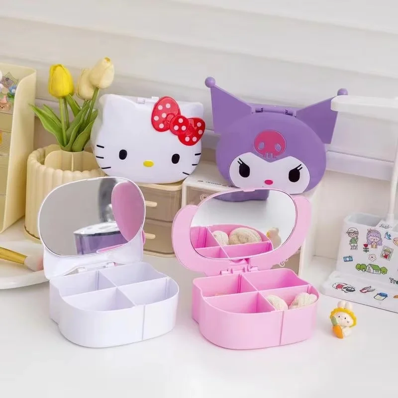 Caja de joyería Kawaii Kuromi Melody con espejo, caja de almacenamiento bonita con dibujos de corazón para niña, caja organizadora de cosméticos, regalo de cumpleaños para niños