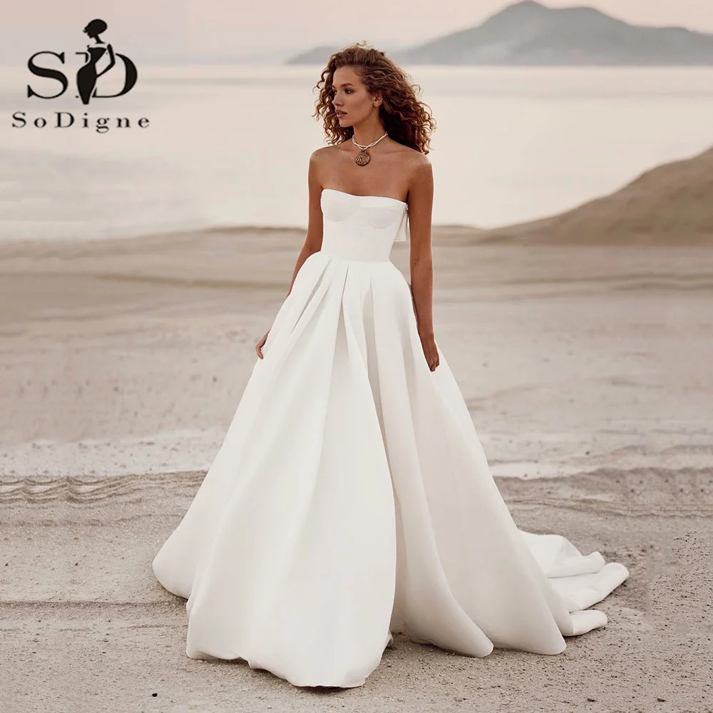 

SoDigne Satin Wedding Dresses A Line Modern Sleeveless Backless Simple Women Long Bridal Gown vestidos de novia