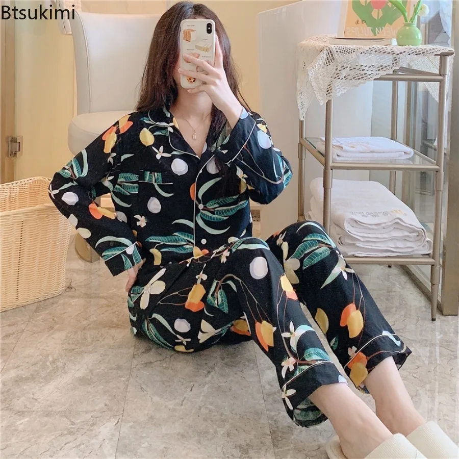 2025 Women's Spring  Autumn 2PCS Pajama Sets Long Sleeve Cardigan Tops and Pants Sets Ice-Silk Loungewear Girls Loungewear Set