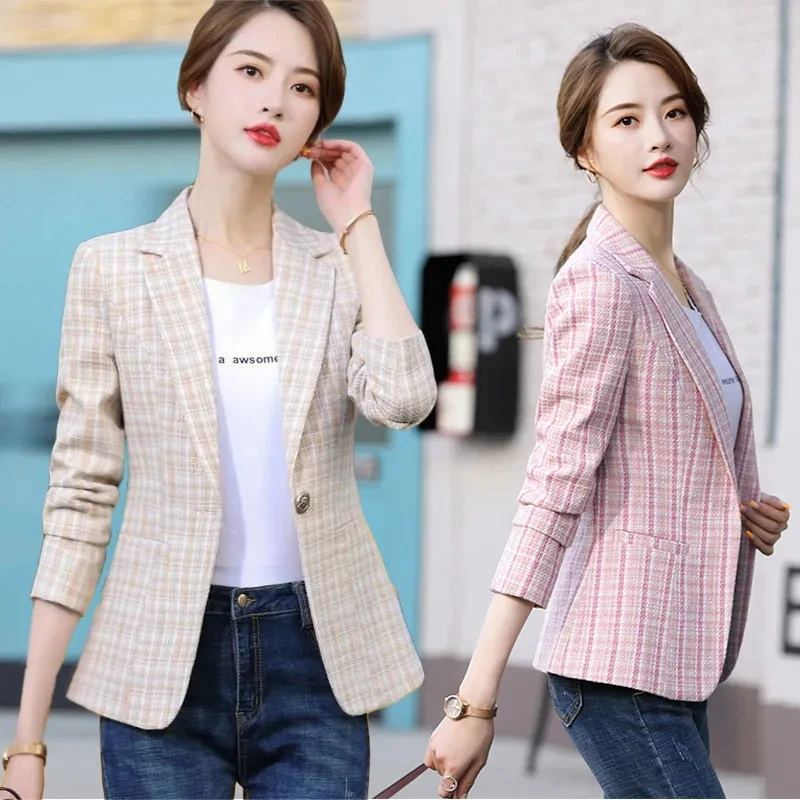 Spring Autumn Casual Women Blazer Lady Office Work Suit Slim Plaid Jacket Long-Sleeved One Button Women\'s Blazers Clothing New