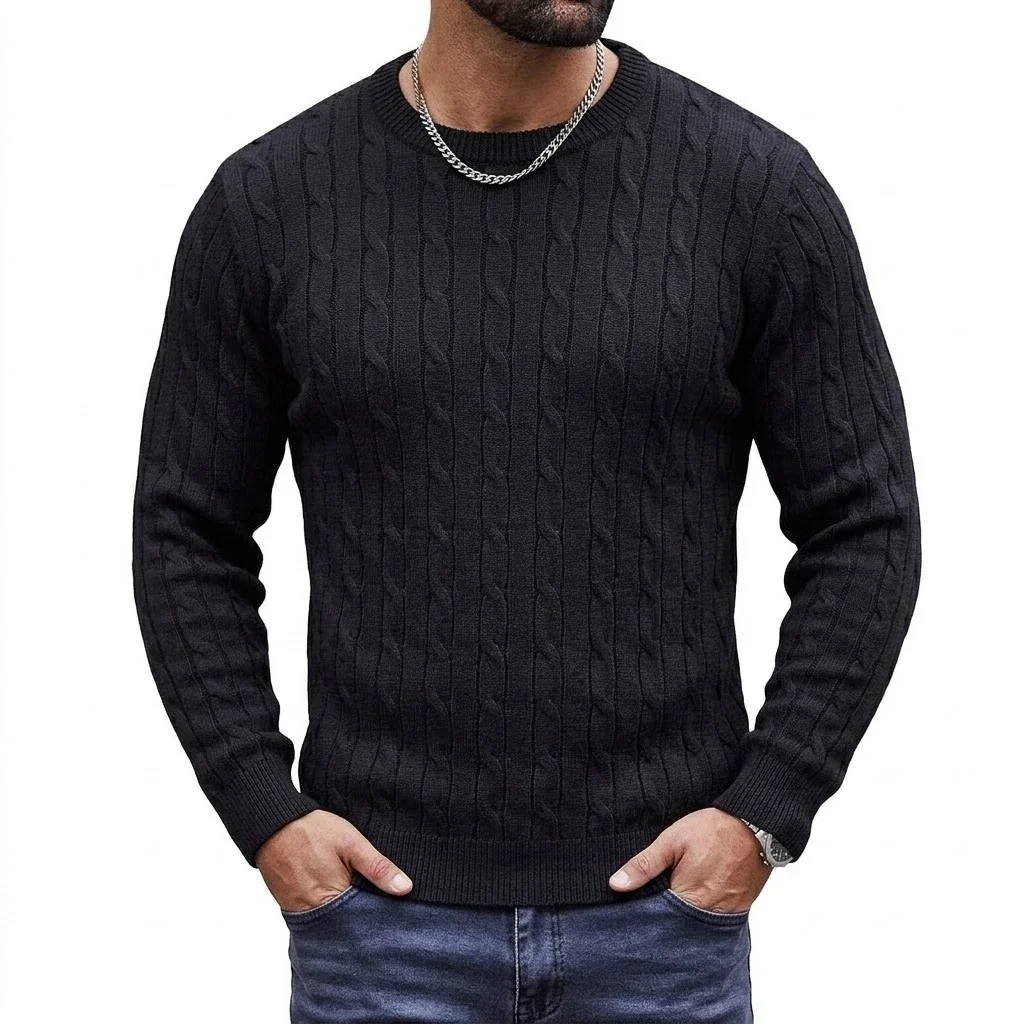 New Mens Textured Knit Jumper Long Sleeve Round Neck Pullover Plain Hue Cozy Knit Sweater Winter Outer Garment Outdoor Blouses