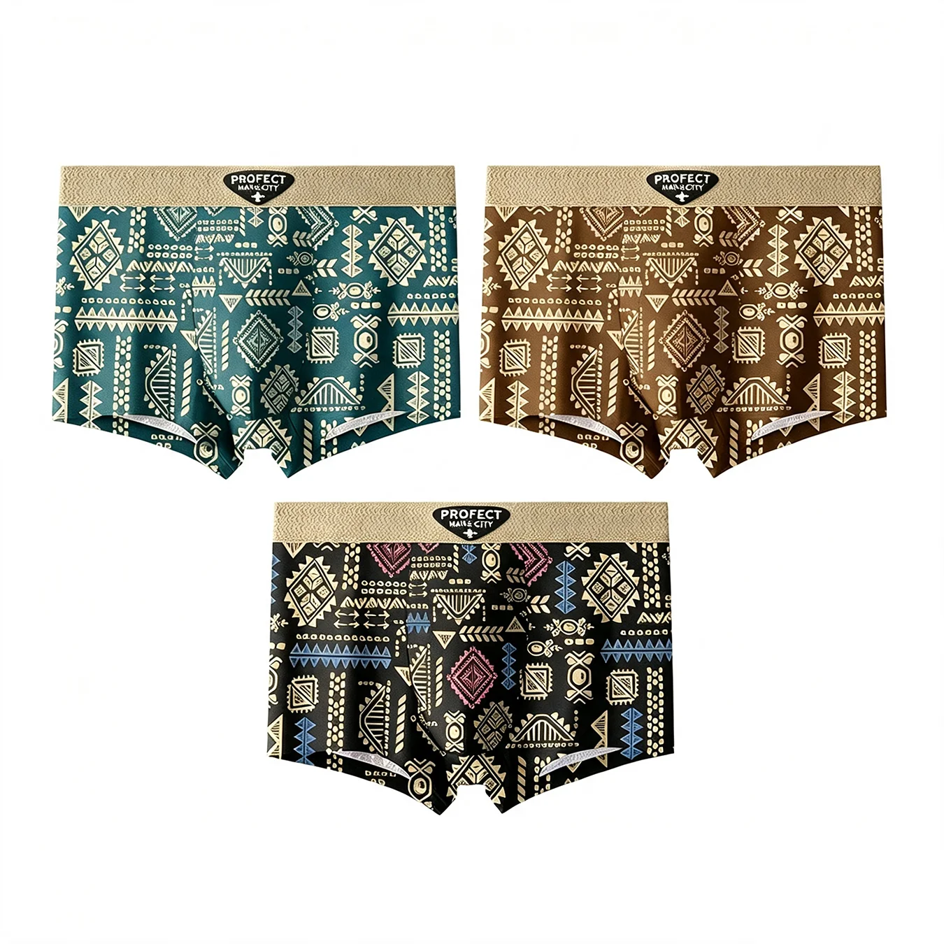 3-teiliges Set Modische Herrenunterwäsche Retro Geometrischer Druck Boxershorts Weiche Atmungsaktive Mittelhohe Unterhose Komfortable Shorts