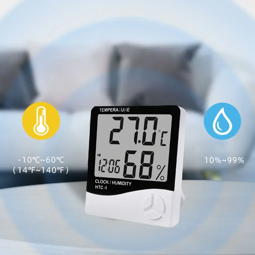 LCD Room Thermometer HTC1 Indoor Hygrometer Humidity Meter Alarm Clock Clear Display Convenient 12/24 Hour Setting