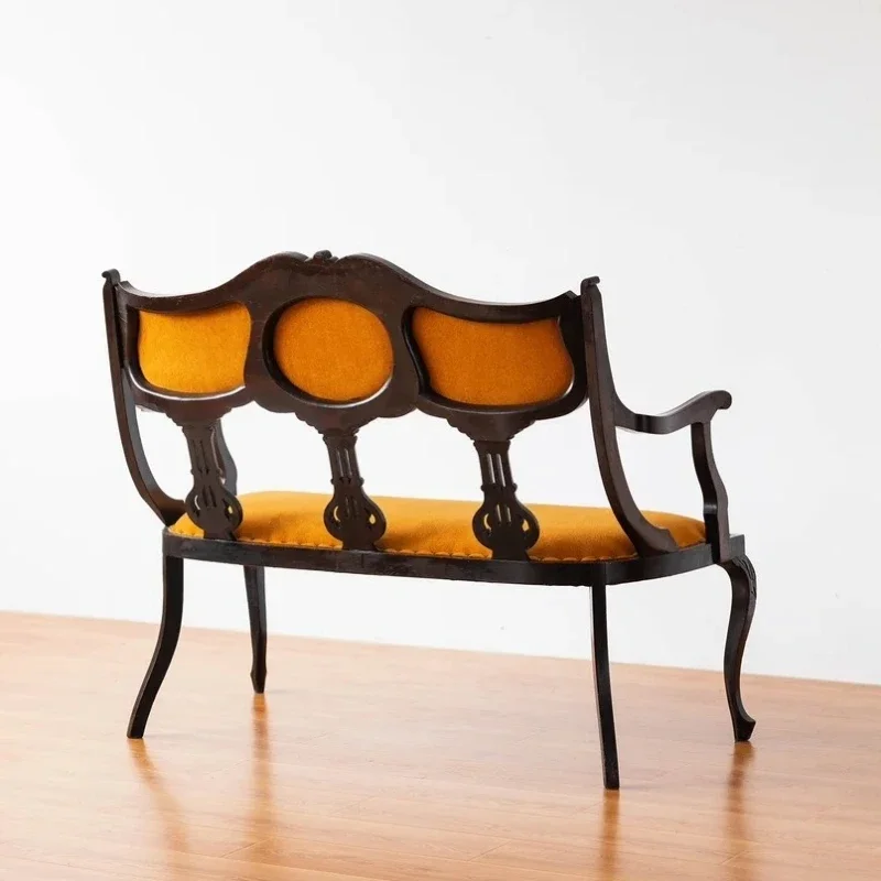 JJFrench Retro Solid Wood Carving Flower Double Sofa Medium Ancient Style Home Old Leisure Chair Restaurant Sofa