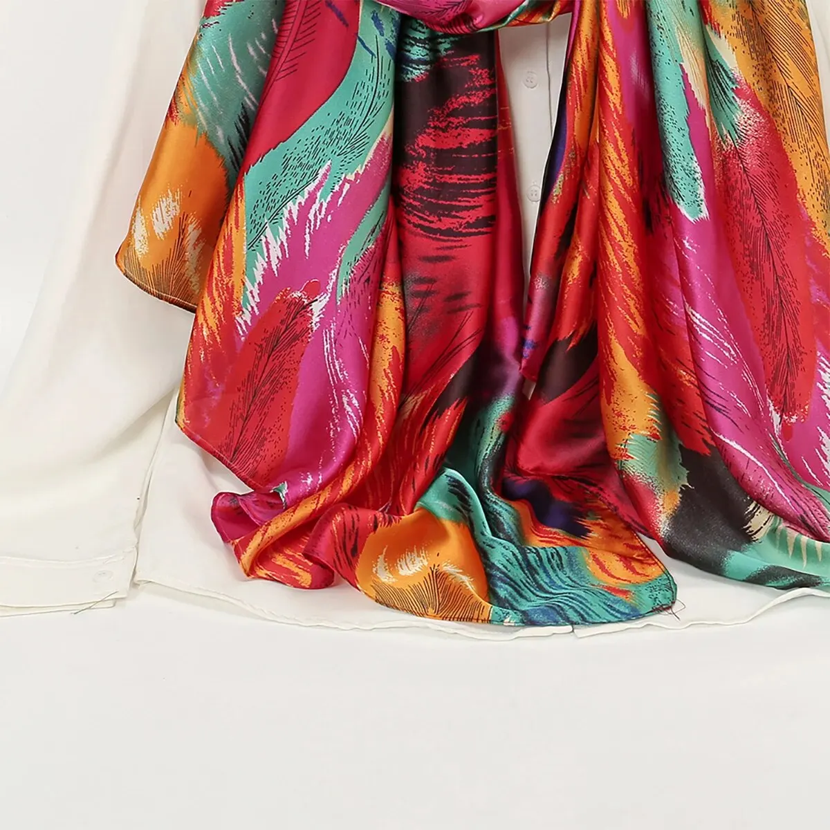 Fashion Printed Feather Shawl Imitation Silk Satin Scarf Women Lightweight Scarves Beach Travel Outdoor Sunscreen Hijab 180*90cm